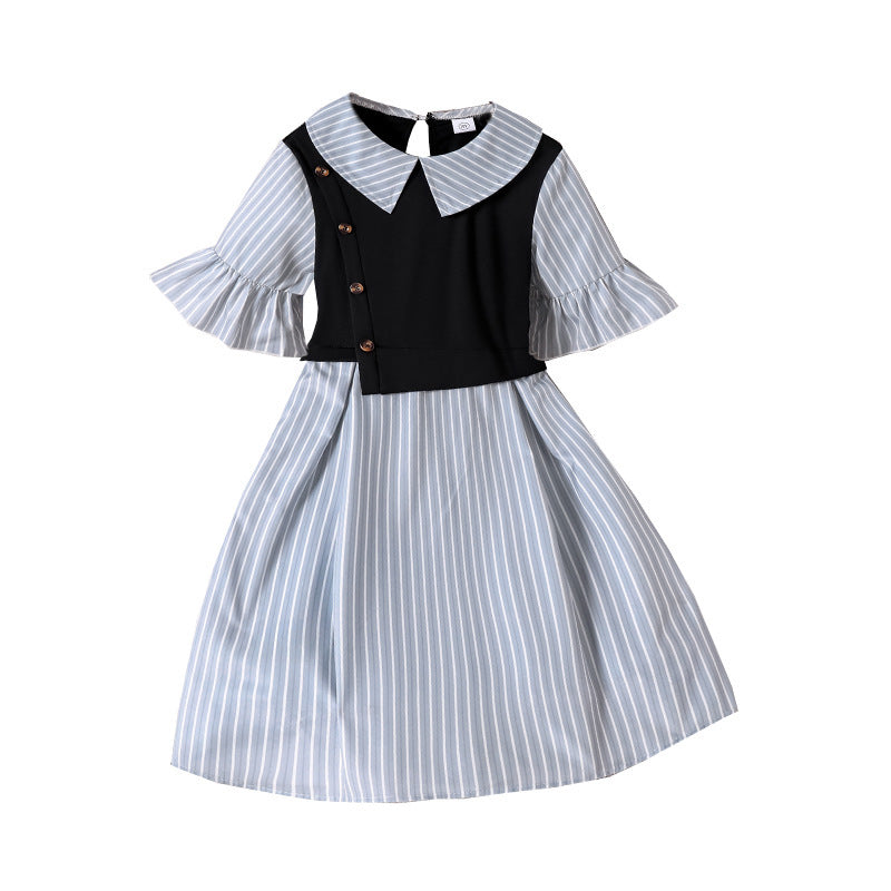 Children's clothing  spring and summer new arrival cross-border girldresscasualstripes lapel patchwork short-sleeved waist shirt skirt