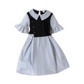 Children's clothing  spring and summer new arrival cross-border girldresscasualstripes lapel patchwork short-sleeved waist shirt skirt