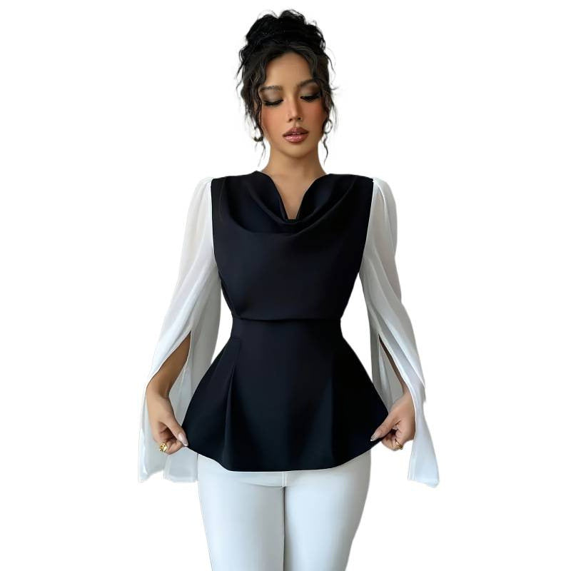 code new arrival  original women's black and whitecontrast colorpatchworktie back waist shirt