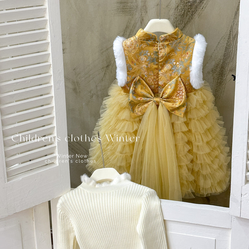Girl new year's greetings chinese style dress tang suit pink birthday dress cake skirt fleece-lined princess dress