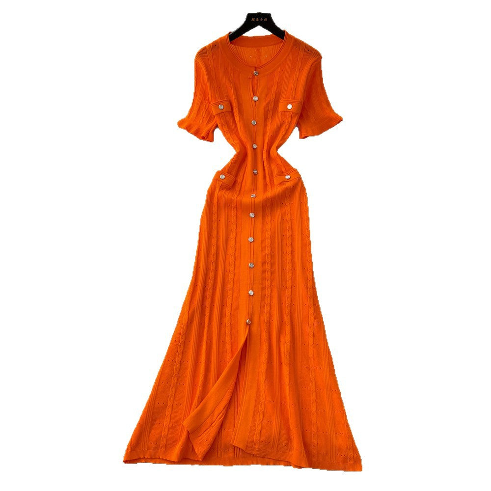 European and american style minimalist elegant knitted dress - women's summer single-breasted hollow-out slimming design - chic long dress