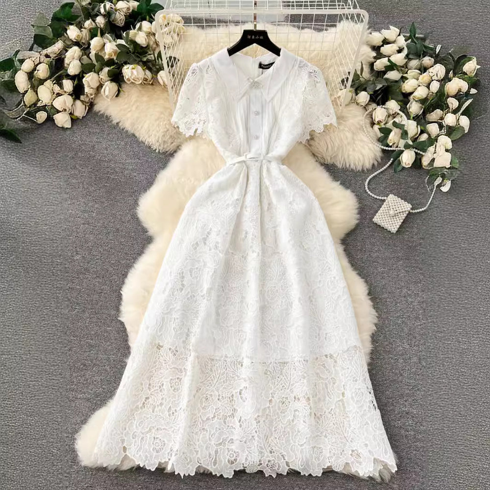 French chic evening gown:  early spring new arrival - designer button-down, slim-fit, long lace dress for women