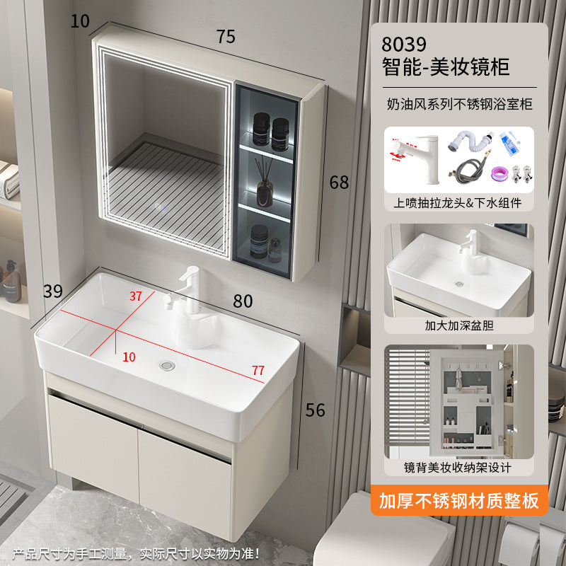 Small apartment bathroom cabinet Thickened stainless steel washstand Integrated cabinet Storage mirror Washstand Deepened ceramic integrated basin