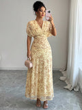 european and american cross-border summer women's new floral v-neck puff sleeve dress
