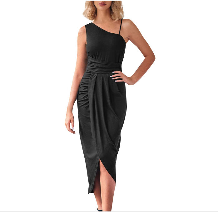 fashion style  women's long skirt new arrivalasymmetrical oblique shoulder silmdress for women