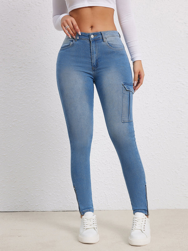 Wish  eBay European and American jeans, tight tooling pocket trousers double-sided zipper denim trousers women