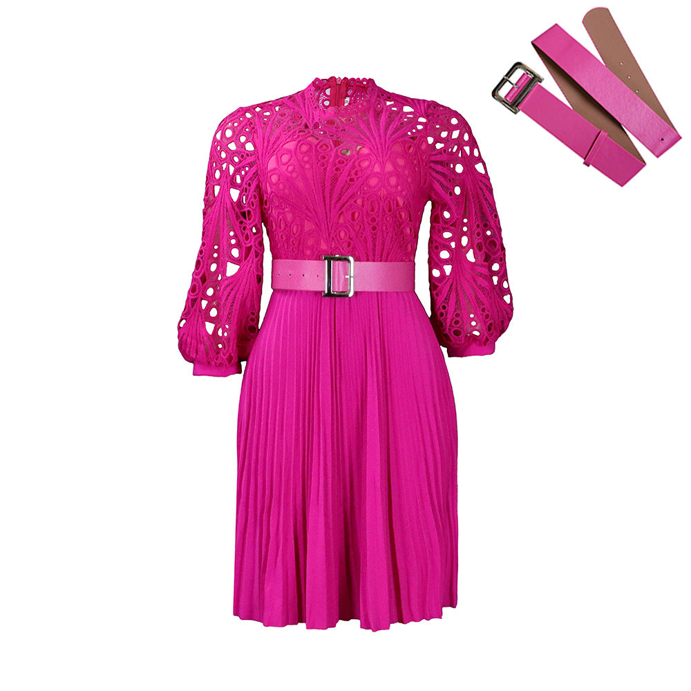 D322 independent station foreign trade women's clothing  new style pure color lace crochet cut out pleated european and american dress