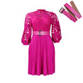 D322 independent station foreign trade women's clothing  new style pure color lace crochet cut out pleated european and american dress