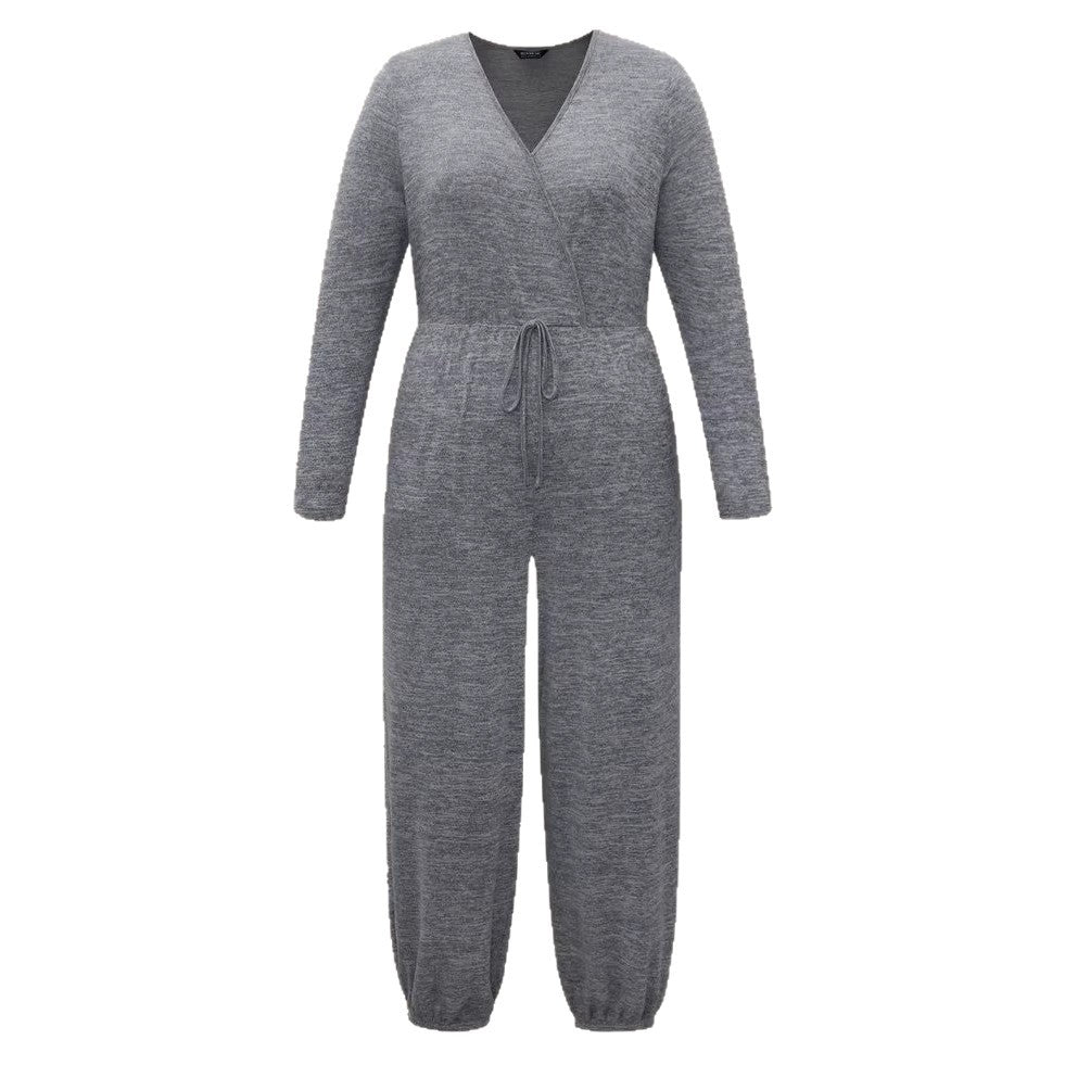Amazon  cross-border plus size curvy women's clothing - women's long pants - women's deep v-neck tie-waist jumpsuit