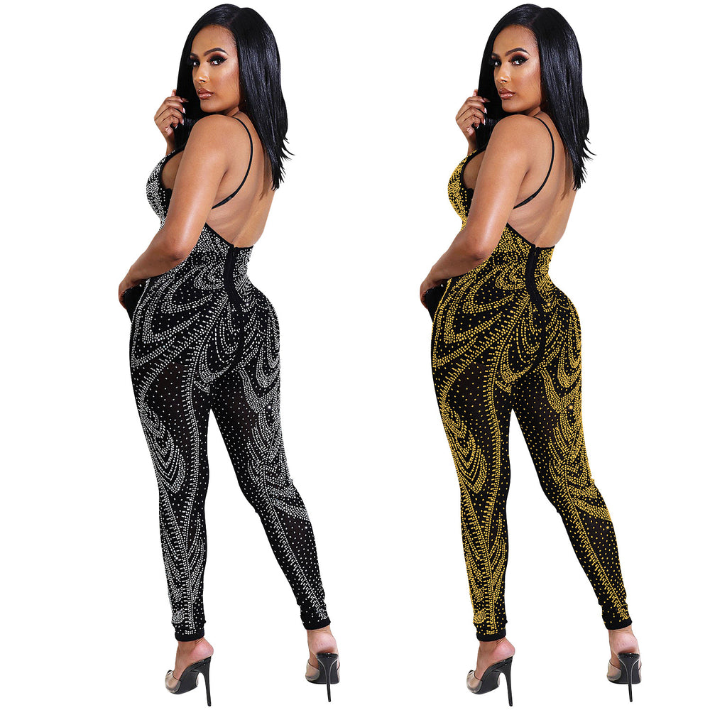 X5280 cross-border summer new arrivals: european and american style sexy nightclub mesh see-through milk silk camisole jumpsuit