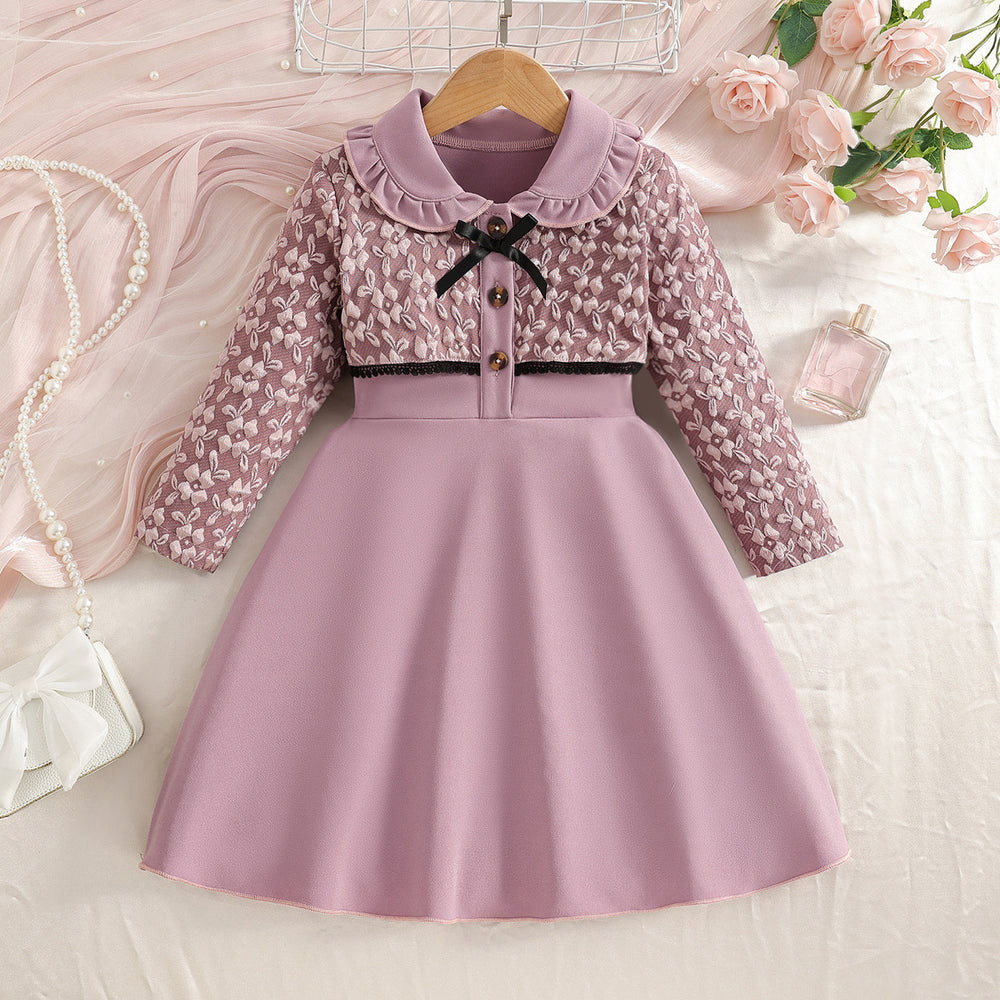 Exportgirldresslight pink doll collar long sleevesbowslong skirtautumkids waist a-line skirt