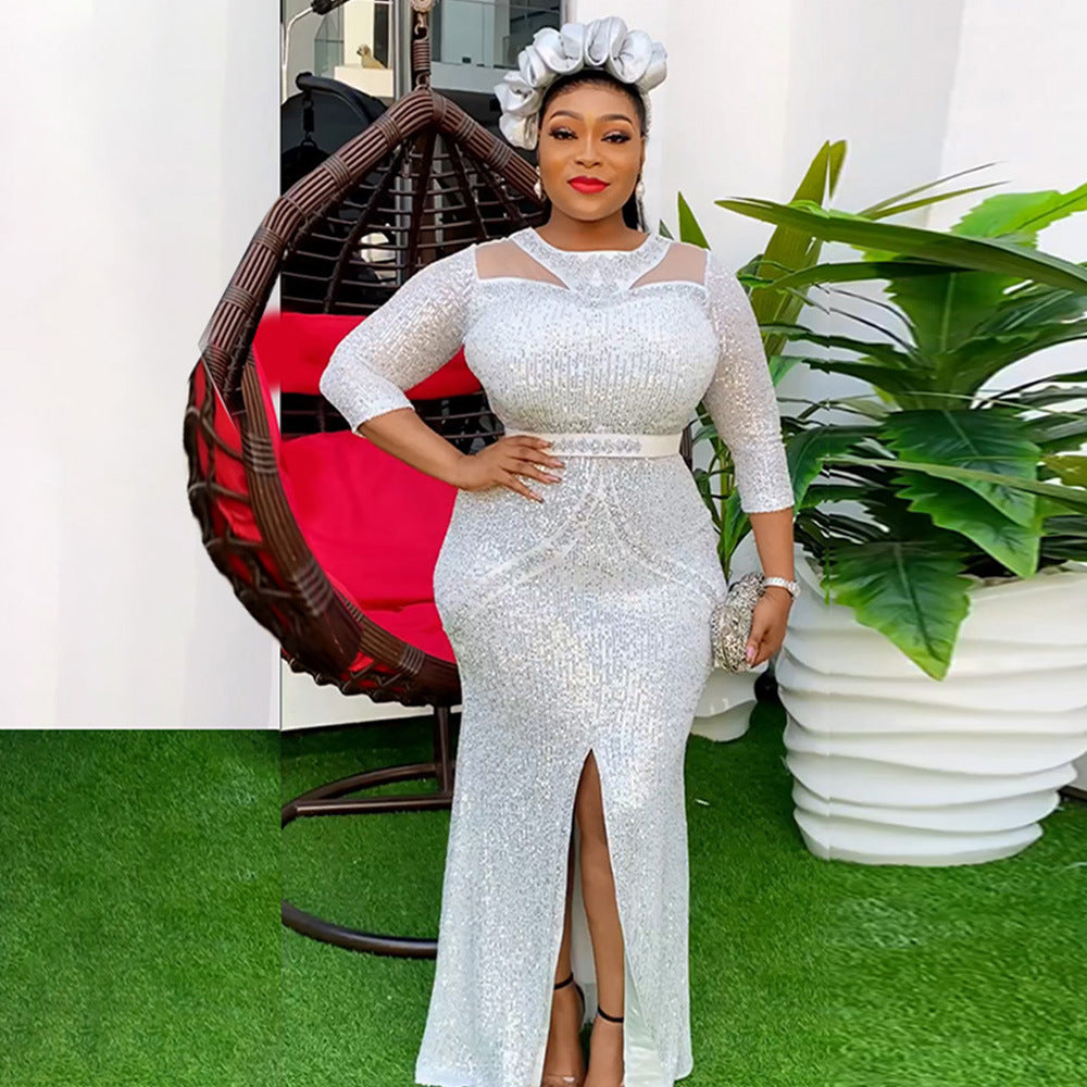 Aliexpress new year party evening dress african women's plus size cross-border fashion sequin rhinestone slit dress