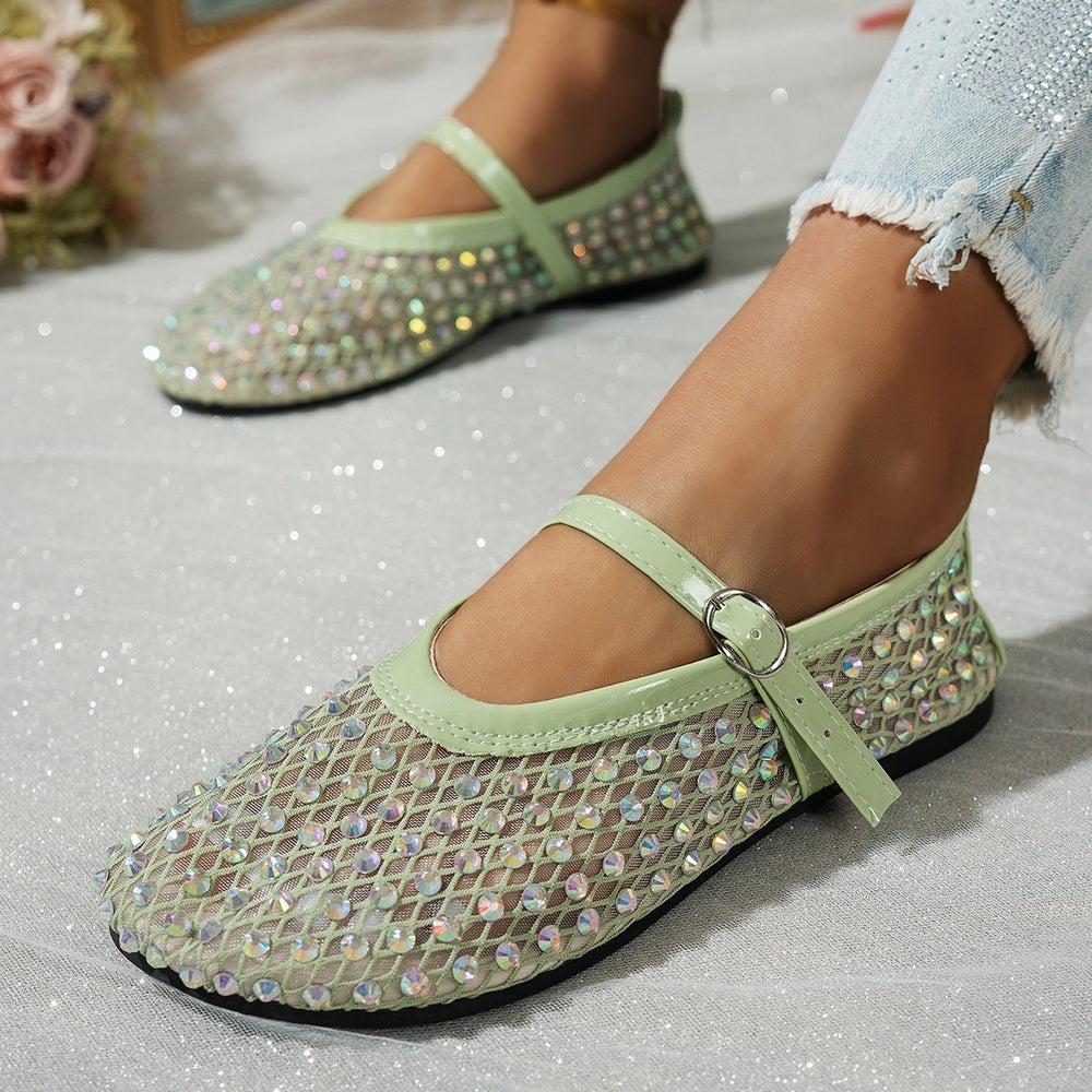 Women's flat shoes for cross-border e-commerce:  summer new collection - mesh mary janes with rhinestone embellishments, single strap casual flats