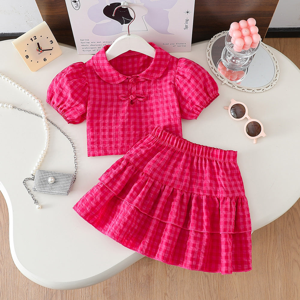 Summer girls' short skirt set - peach pink plaid, peter pan collar, chinese knot button top, and tiered skirt two-piece outfit
