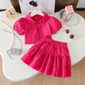 Summer girls' short skirt set - peach pink plaid, peter pan collar, chinese knot button top, and tiered skirt two-piece outfit