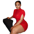 Fashion style cross-border pure color silm women's elegant hip skirt daily high collar short-sleeved waist slimming look tight dress