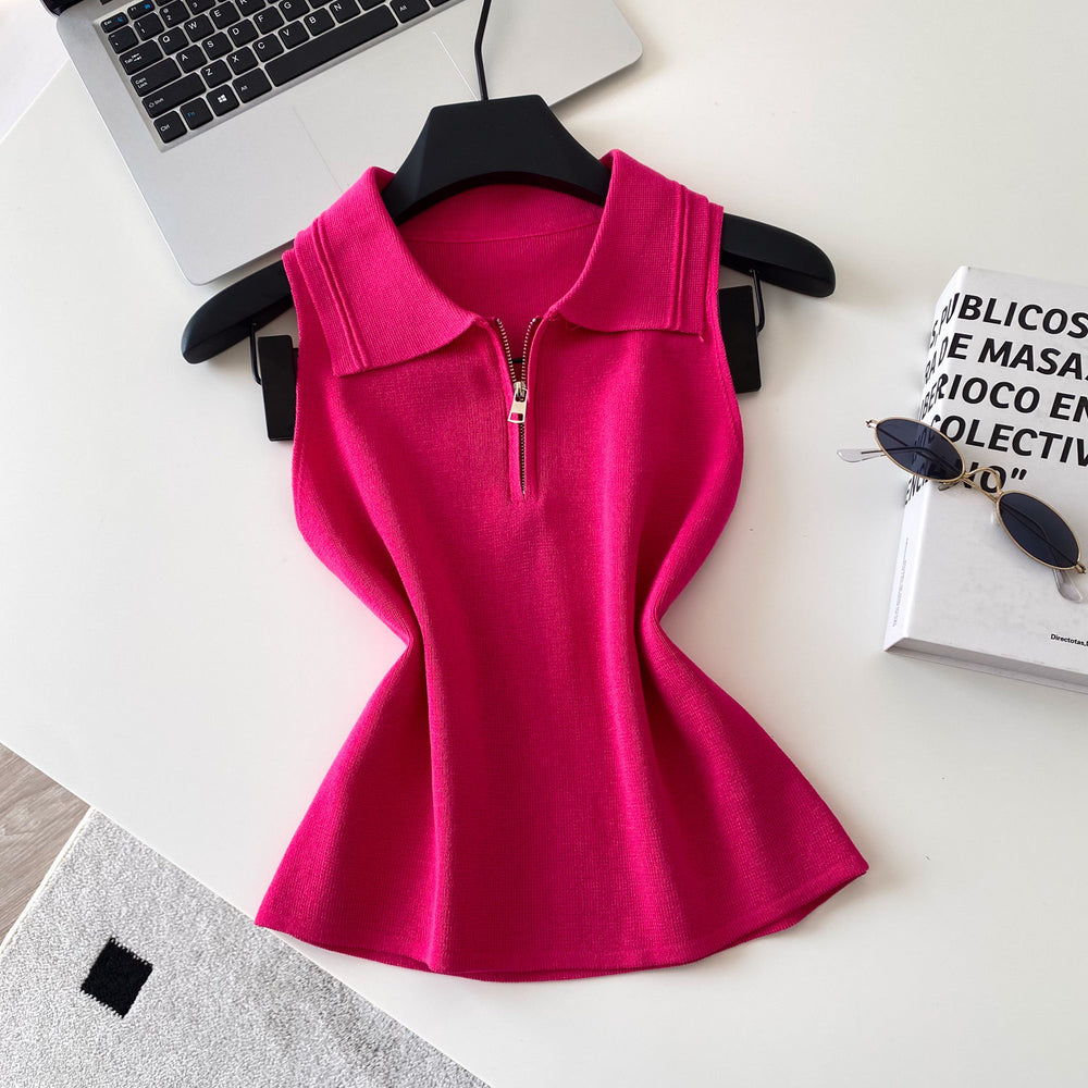 K-style lapel half-zip sleeveless knitting vest women's spring summer light mature style casualpullover knitting shirt multi-color