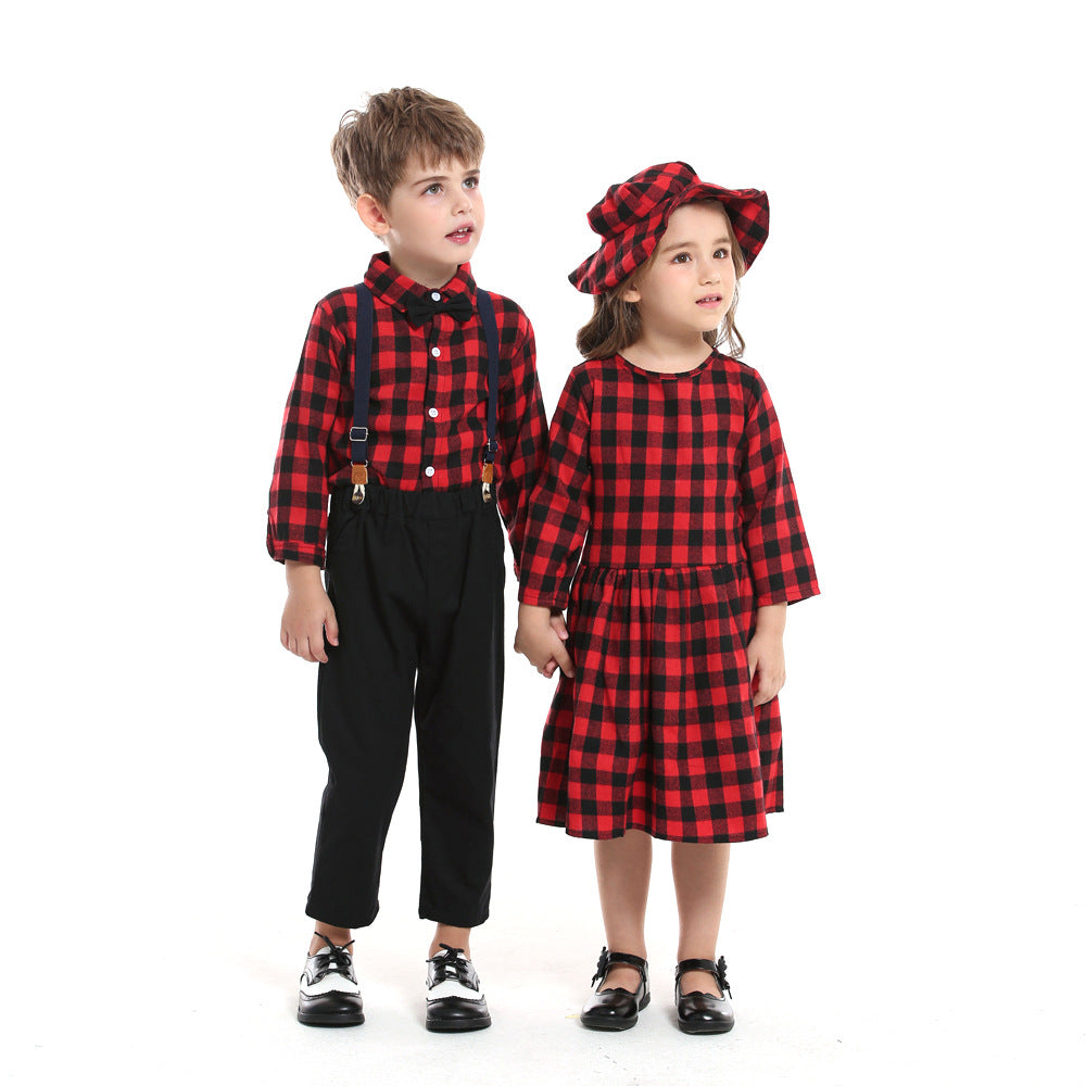 Export children's clothing autumn style preppy style boys handsome dress kids plaid long sleeves shirt western style brother and sister
