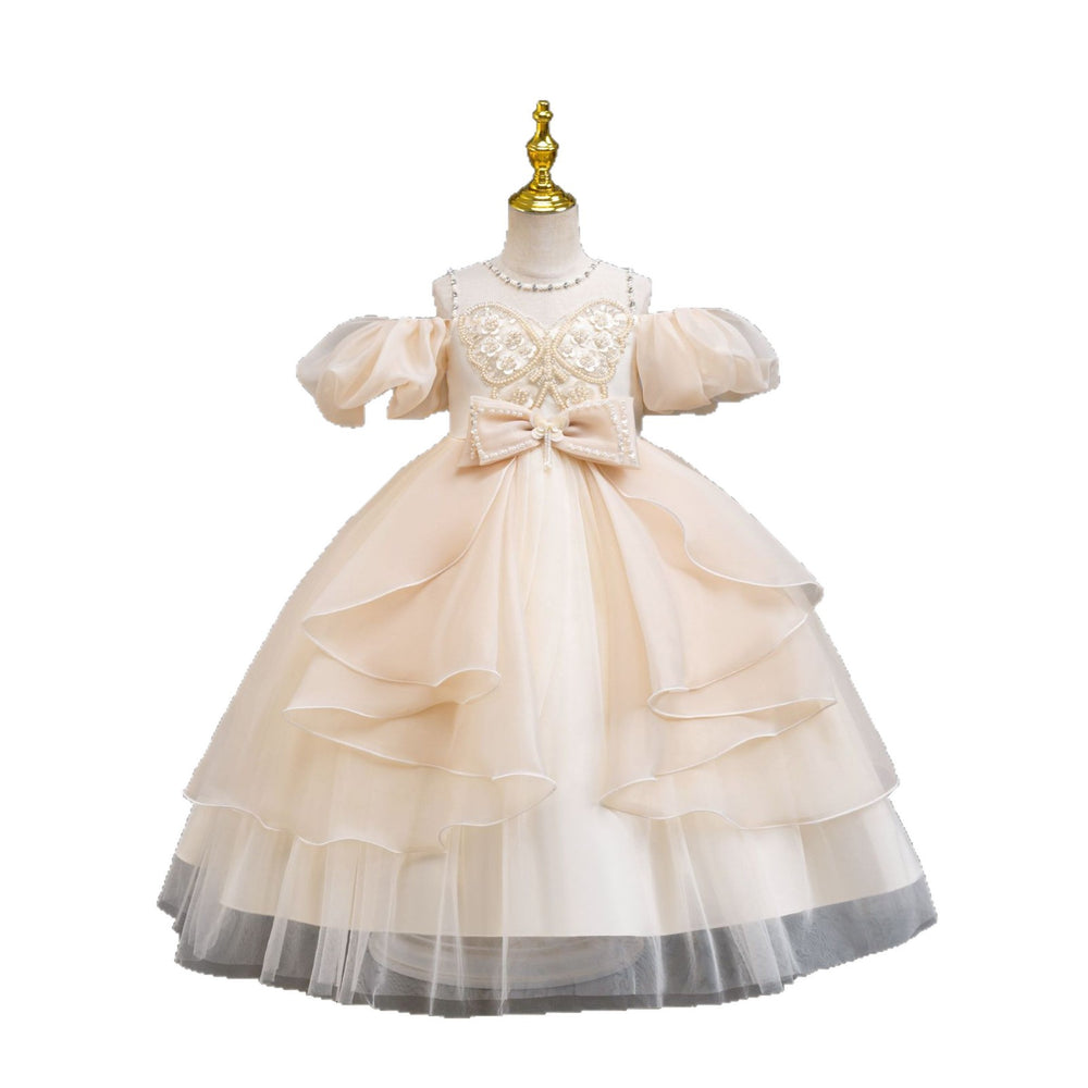 New in stock puff sleeve children's dress sequin wedding dress princess dress girls performance dress kids dress