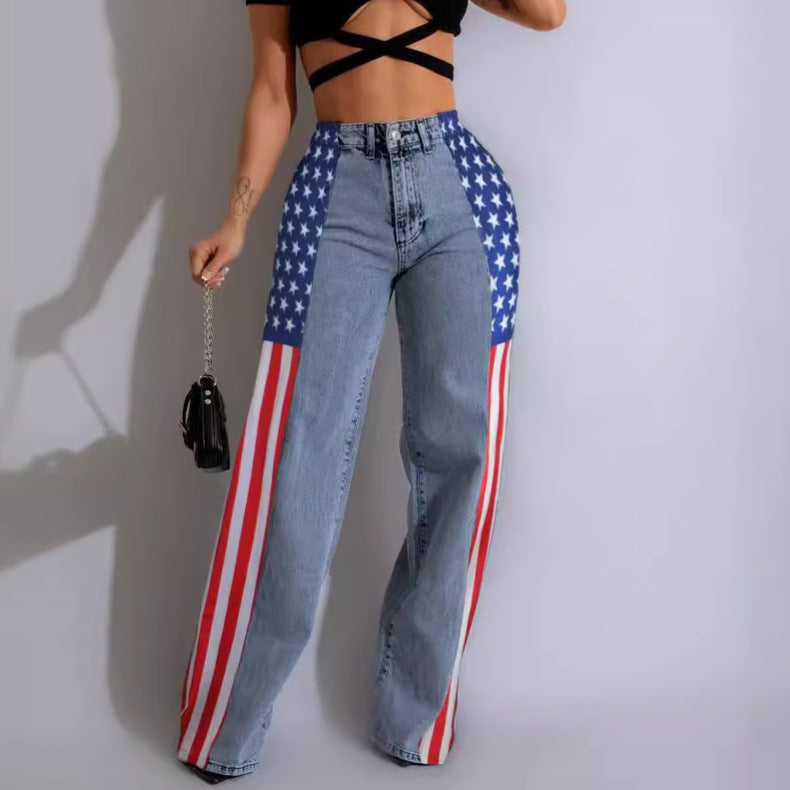 fashion american flag print stretch wide leg denim pants women's casual high waist straight leg jeans
