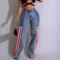 fashion american flag print stretch wide leg denim pants women's casual high waist straight leg jeans
