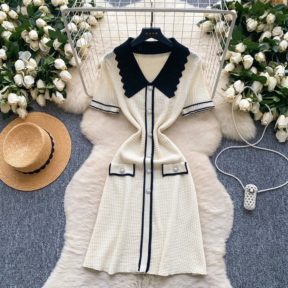 Frenchretrofashionablecontrast colorpolo collar short-sleeved dress women's summer metal buckle waist slimming lookknitting skirt