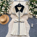 Frenchretrofashionablecontrast colorpolo collar short-sleeved dress women's summer metal buckle waist slimming lookknitting skirt