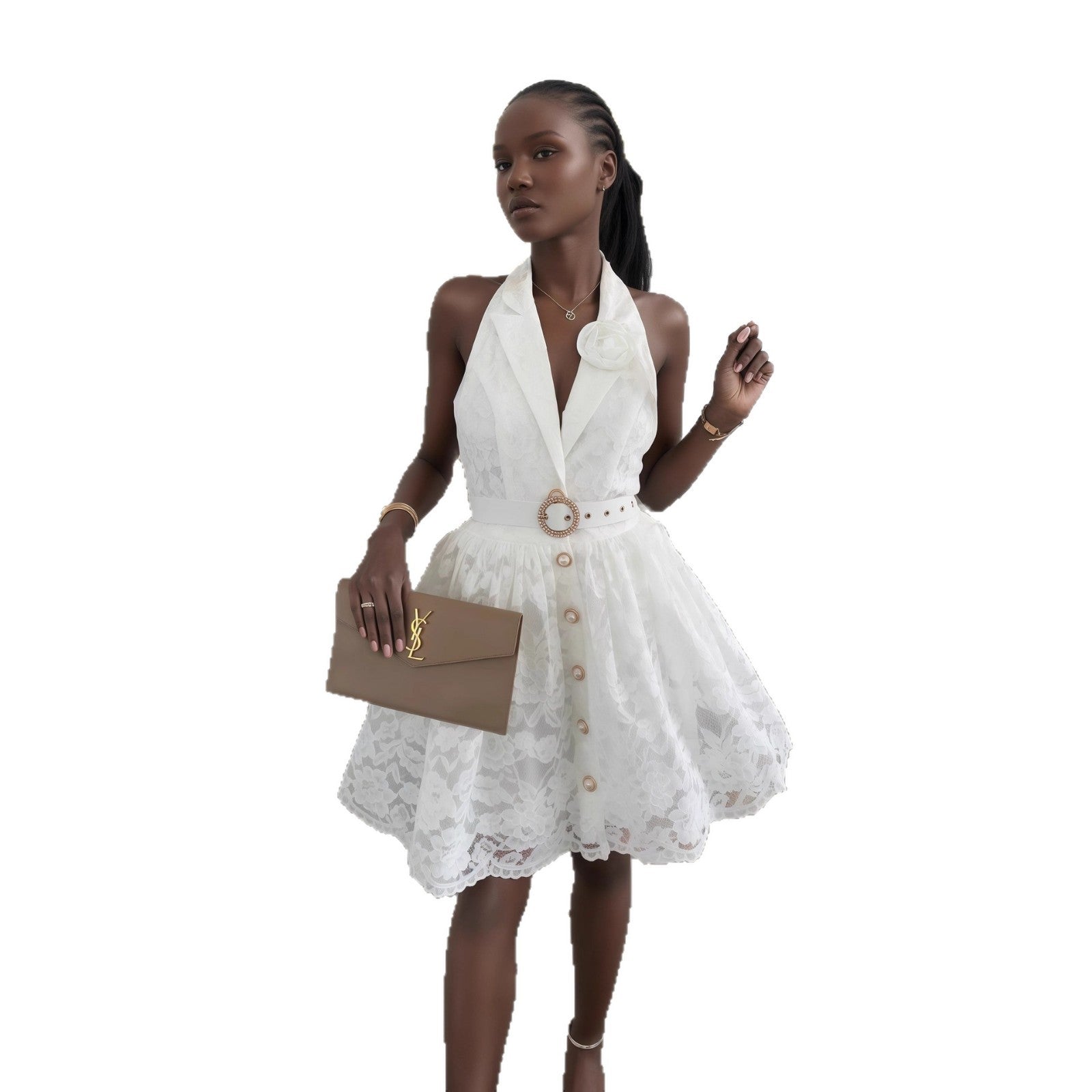 European and American  women's clothing 2025 autumn new solid color sleeveless V-neck neck halter cardigan temperament dress