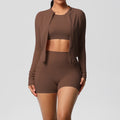 Fashionnew arrivalnude brushed long sleeves sports outwearcasualflap pocket pants shorts running butt lift yoga wear three-piece set
