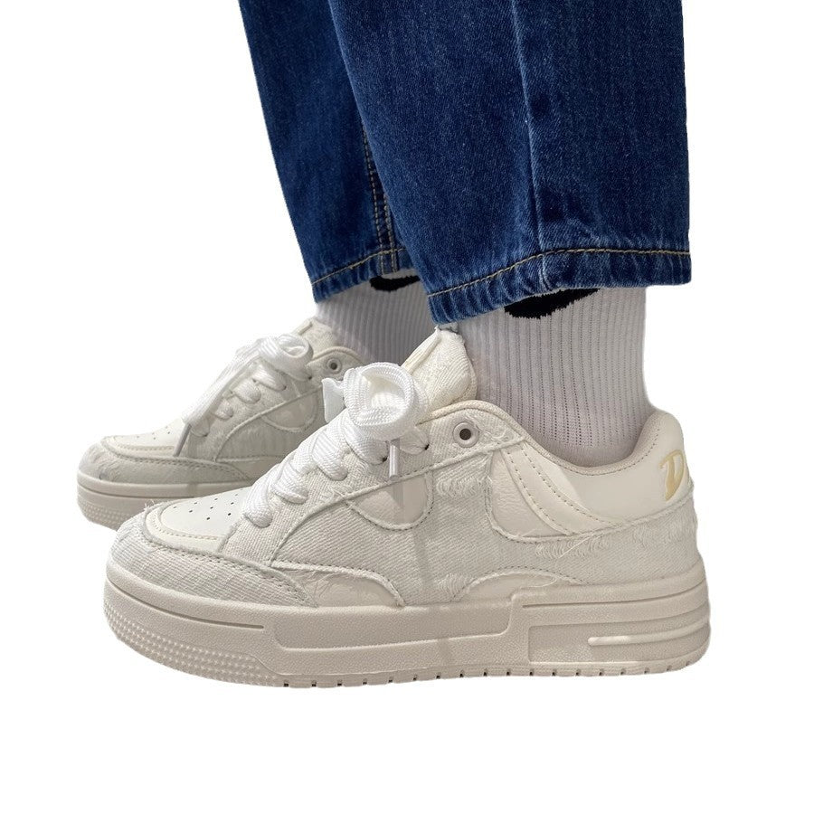 Niche chic distressed denim chunky sole bread shoes - women's trendy versatile skate shoes, height increasing student white sneakers