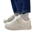 Niche chic distressed denim chunky sole bread shoes - women's trendy versatile skate shoes, height increasing student white sneakers