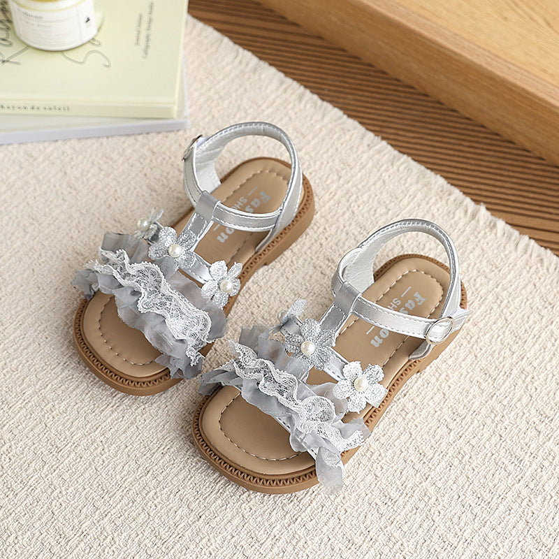 Summer  new girls' fashion floral princess thong sandals - kids' soft sole beach shoes with a fairy-tale touch