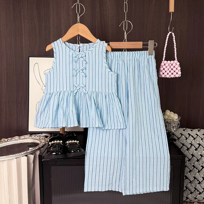 fashionexport children's summer stripes round neck bows sleeveless vest wide-leg pants two-piece set
