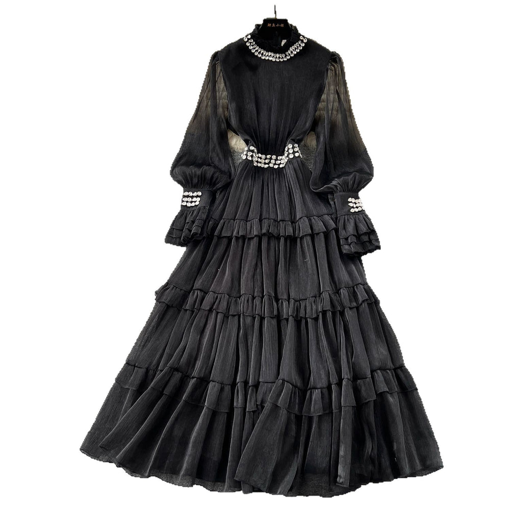 Elegant women's dress  new french style heavily embellished diamond-studded stand collar flared sleeve cinched waist ruffle hem maxi dress