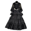 Elegant women's dress  new french style heavily embellished diamond-studded stand collar flared sleeve cinched waist ruffle hem maxi dress