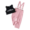 new girls' fashion two-piece set: letter print tank top + pink distressed denim overalls