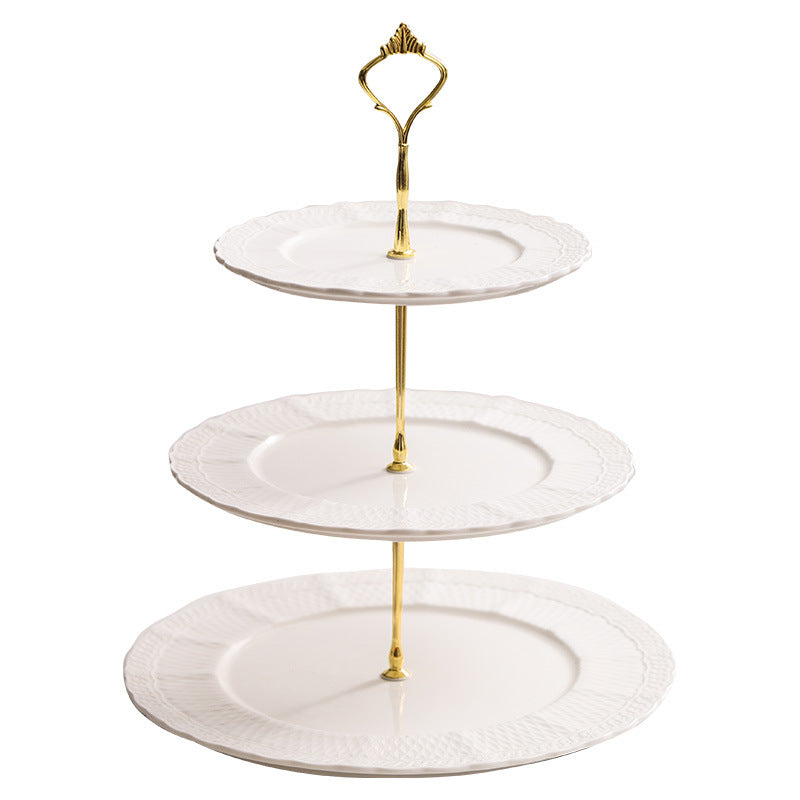 European-style embossed ceramic double-layer serving tray - perfect for home, snacks, desserts, cakes, creative wedding decor, living room, and pastry presentation