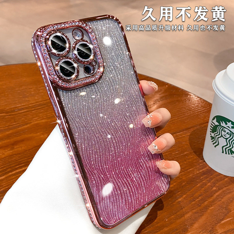 Sparkling electroplated rhinestone iphone 17 pro case - water ripple gradient glitter apple 16 soft case 14
