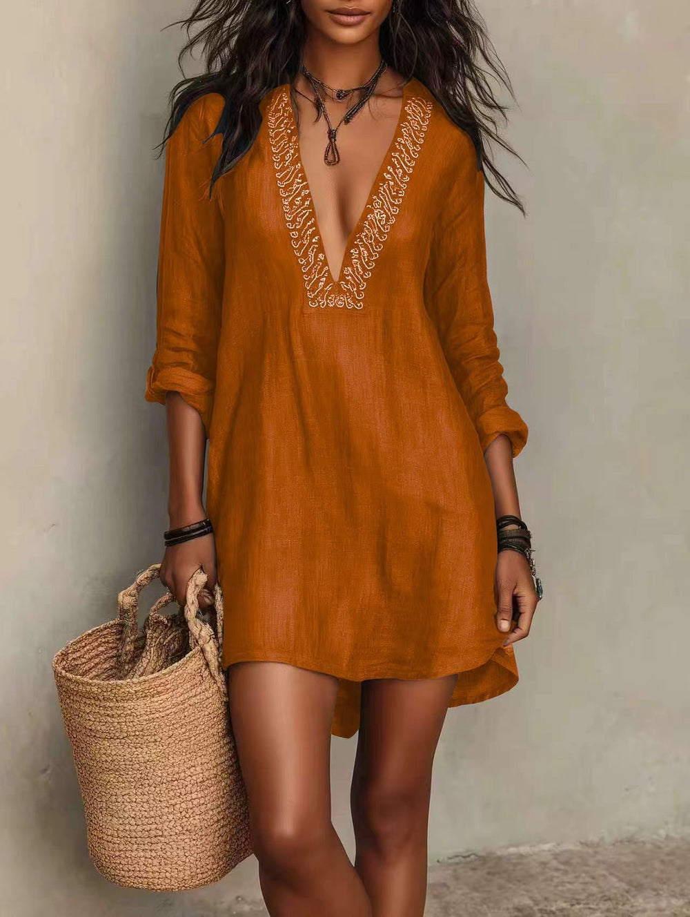 Independent station fashion cross-border women's clothing  summer new arrival v neck mid-sleeve vacation style eleganceelegantdress
