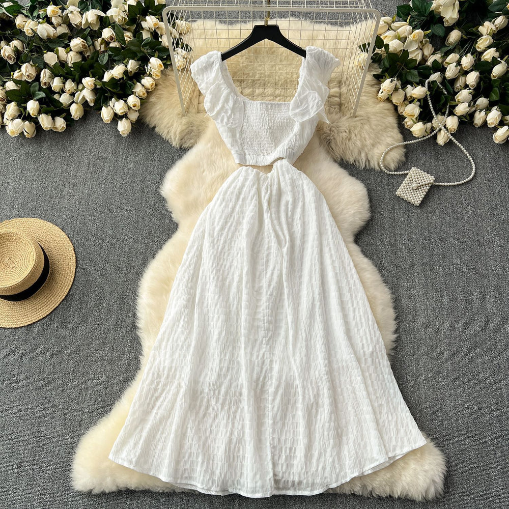 Frenchniche style chic super fairy whitedress women's seaside vacation style scheming cut out small flying sleeves large swing long skirt