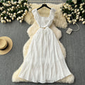 Frenchniche style chic super fairy whitedress women's seaside vacation style scheming cut out small flying sleeves large swing long skirt