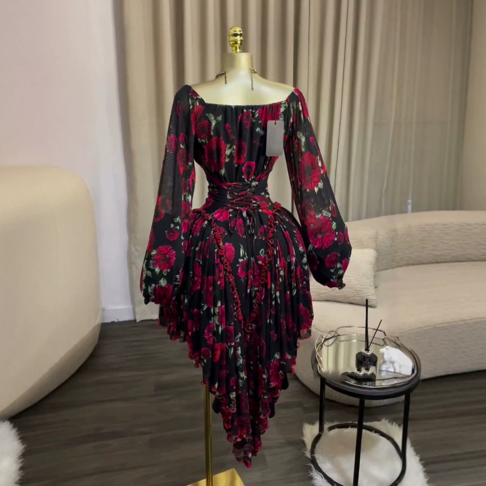 European and american cross-border women's fashion:  summer new arrivals - sexy, elegant, tie-up, printed, slim-fit, asymmetrical mini dress