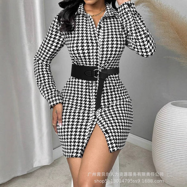 LZY1908 European and American new thousand bird grid tight long-sleeved shirt skirt - no belt