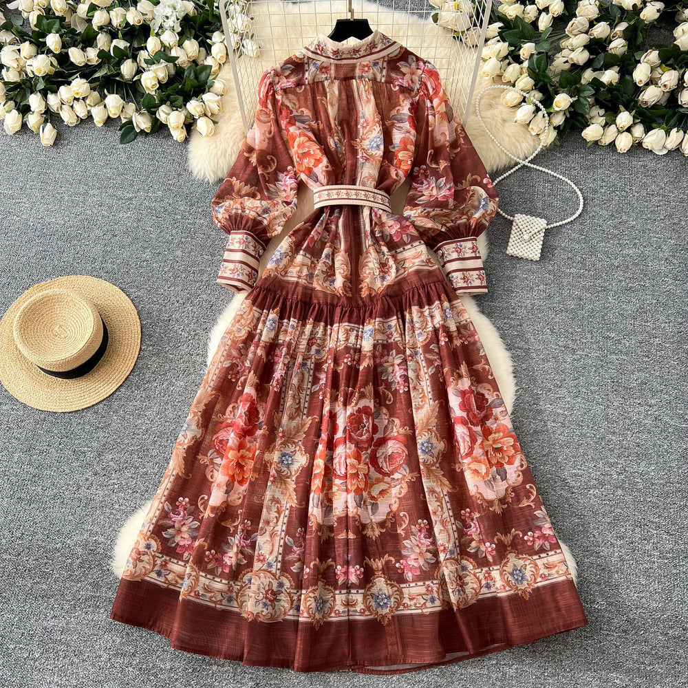 European and american retro chic court-style printed collar lantern sleeve cinched waist single-breasted dress - women's slimming elegant maxi dress