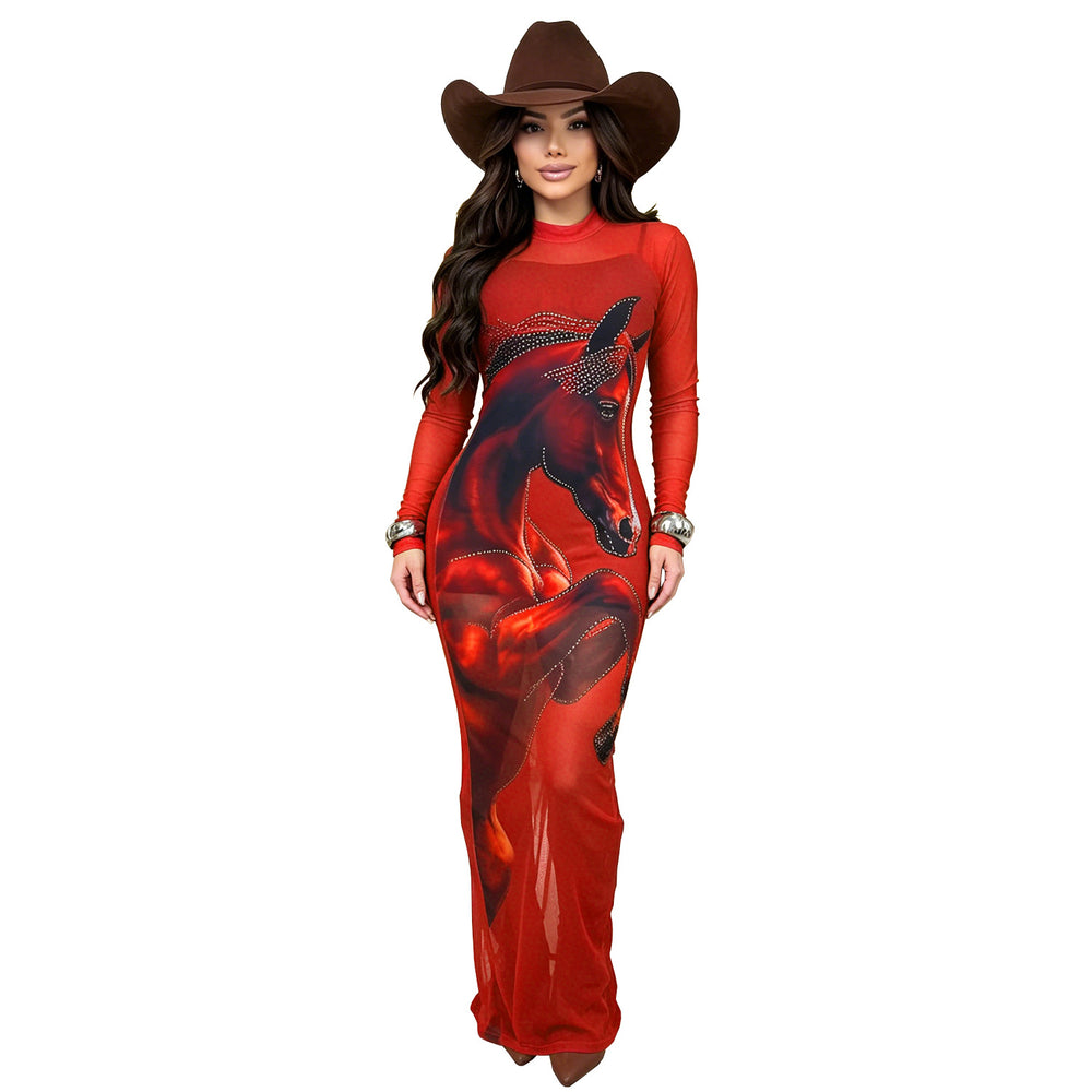 C7716 cross-border   fashion women's sexy mesh print rhinestone dress set