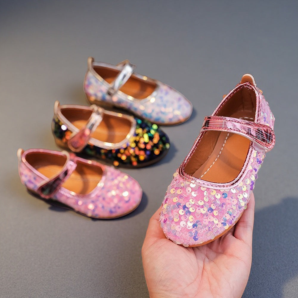 Girls'  spring new collection: sparkling soft-soled princess leather shoes for mid-to-large children - wholesale direct from the manufacturer, featuring hook-and-loop fasteners