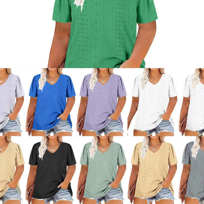 cross-border  women's plus size v-neck court lock solid color short sleeve t-shirt loose top