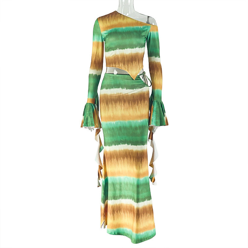 Fashion style cross-border casual vacation hip-covering color matching elegant skirt suit elastic slanted collar asymmetrical two-piece set women's clothing