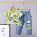 New boys' dinosaur skateboard print short-sleeve cotton t-shirt and jeans two-piece set - trendy summer outfit for toddlers and young children