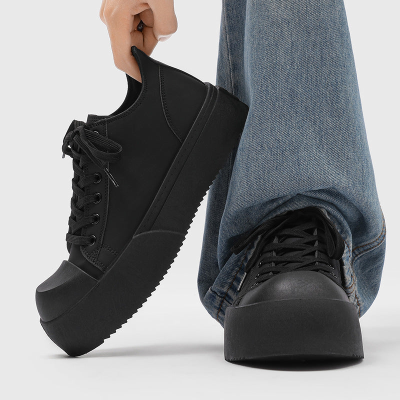 Spring chunky sneakers: black platform height increasing athletic casual board shoes, versatile commute leather low-top wear-resistant derby shoes